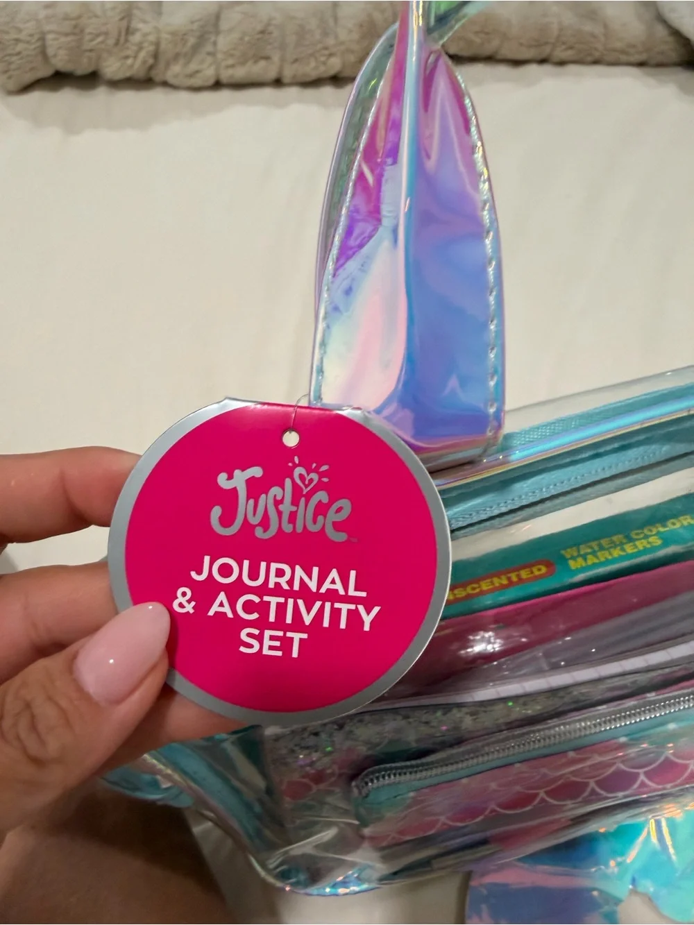 Justice Clear Mermaid Pencil Case Tote in Aqua and Purple Holographic